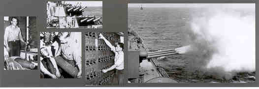 ROCHESTER’s offensive weapon’s—the 5” and 8” batteries—were her reason for being. Actions involved in propelling projectiles from her main battery—8” rifles in turrets 1, 2 and 3—are shown above. At the far left, an 8” projectile, followed by bags of powder, is loaded into a rifle’s breech. These actions occurred in the turrets, but the rifles were leveled into firing position by Fox Division personnel in plot (center photo). There, an array of knobs and switches allowed Fire Controlmen to integrate variables that influence projectile trajectory, including target distance, ship’s course, wind and air temperature. Once the rifle had been positioned, the powder was ignited and the projectiles sent on their way (basically the same way cannon balls were propelled from wooden ships in the 16th century). The accuracy of fire from ROCHESTER was widely recognized during her three tours of Korean-War duty